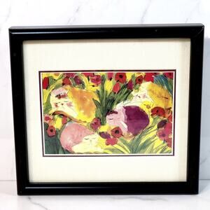 Sleepy Kitties Artwork - 8.75 Framed Pencil Drawing Watercolor of Cats in Garden